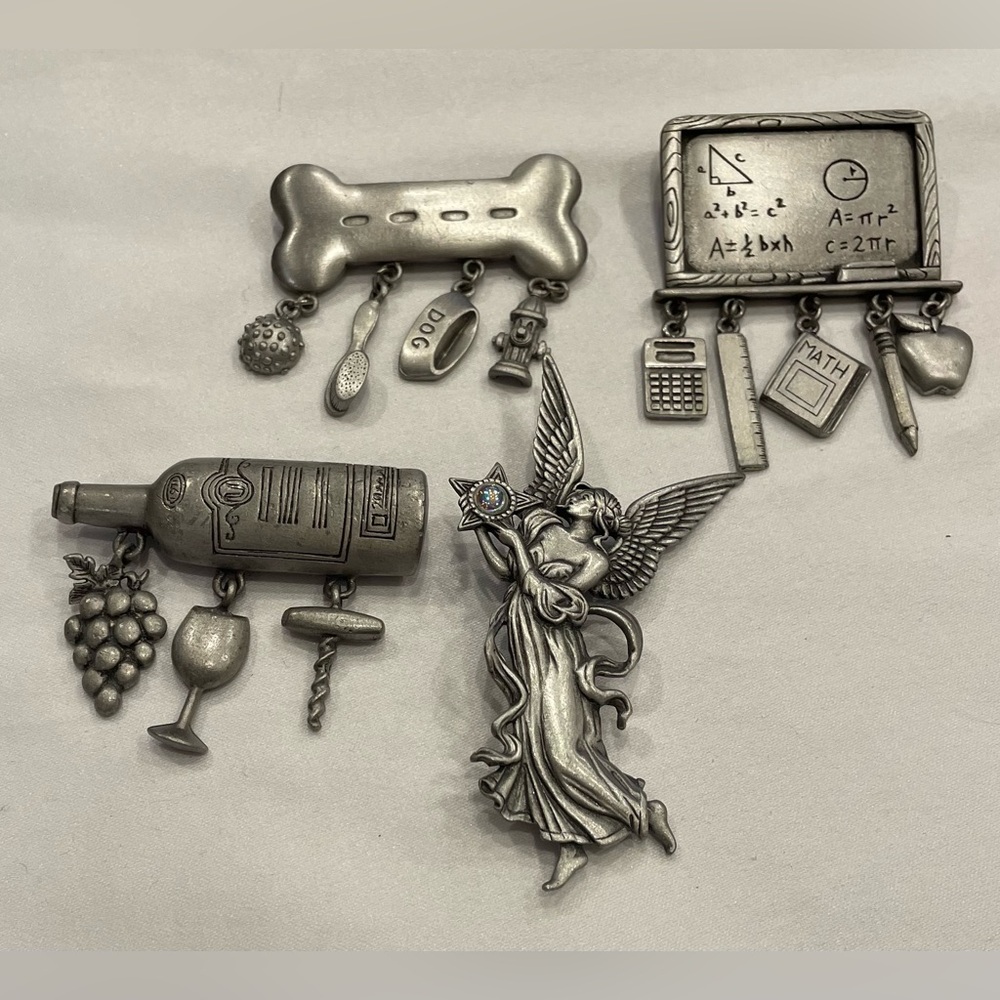 Lot of 4 Vintage JJ Jonette Pewter Pins Angel, Wine Bottle, Dog Bone, Math Board